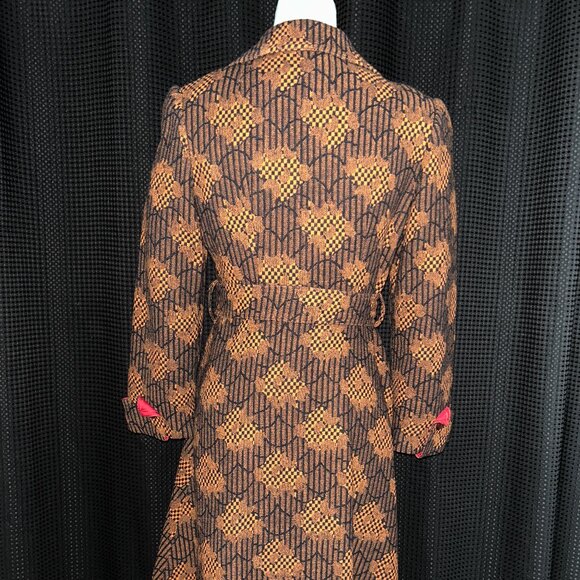 Vintage Mod 60's 70s Vibrant Upholstery Coat Black Orange Pockets Lined Belt EUC - Picture 4 of 11